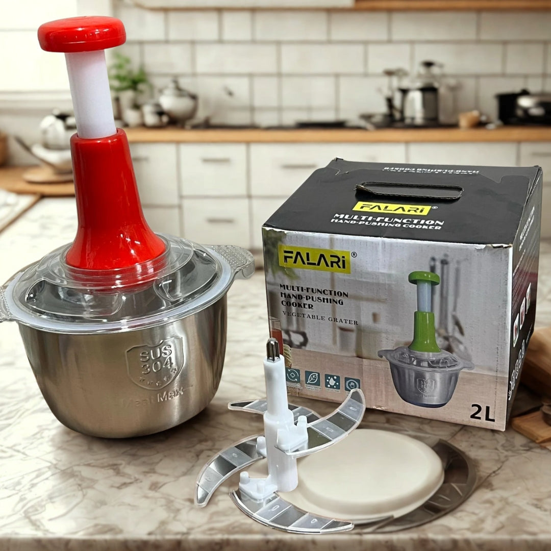 FALARI 2L Manual Hand Push Chopper with Stainless Steel Bowl