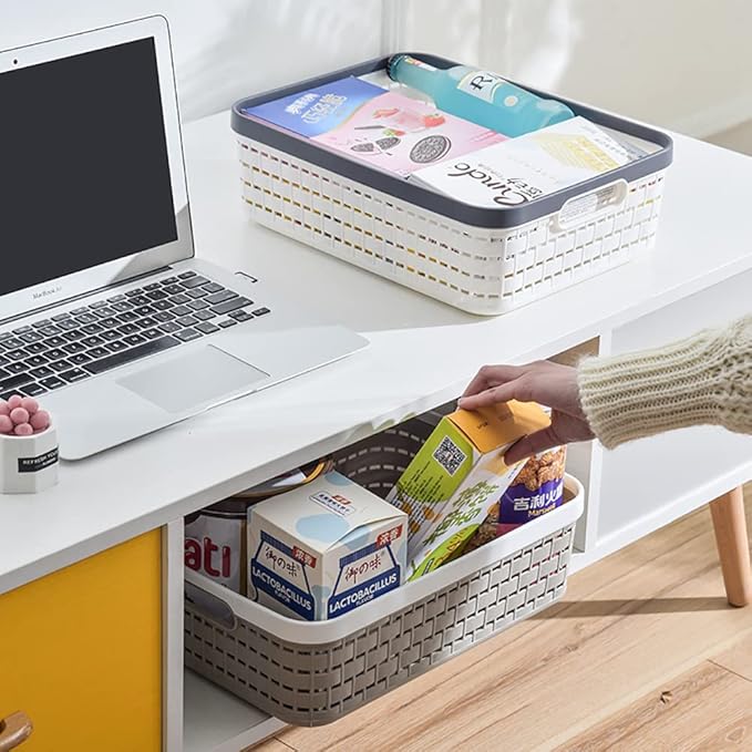 Multi-Purpose Woven Plastic Storage Basket with Handles | Organizer Bin