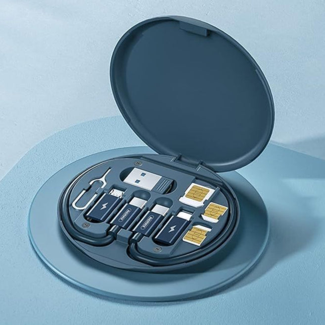 Blue case with various electronic accessories on a light blue background