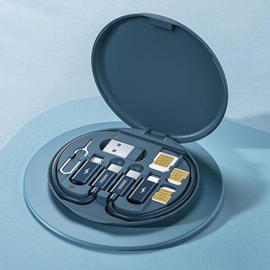 Blue case with various electronic accessories on a light blue background