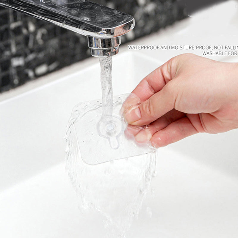 Hand under a running faucet with text about product features.