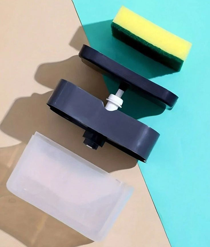 Set of cleaning tools including a black scrubber, yellow sponge, and white container on a multicolored background.