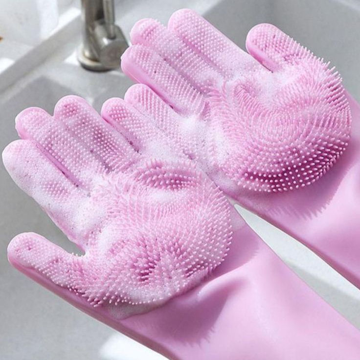 Reusable Long Silicone Cleaning Gloves with Scrubbers