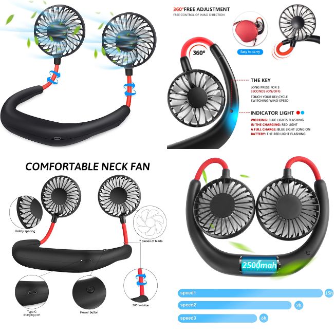 Hanging, Foldable, USB Rechargeable & Portable Wearable Neck Fan