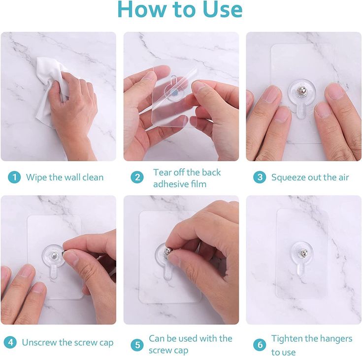 Step-by-step guide on how to use adhesive wall hangers with text labels.