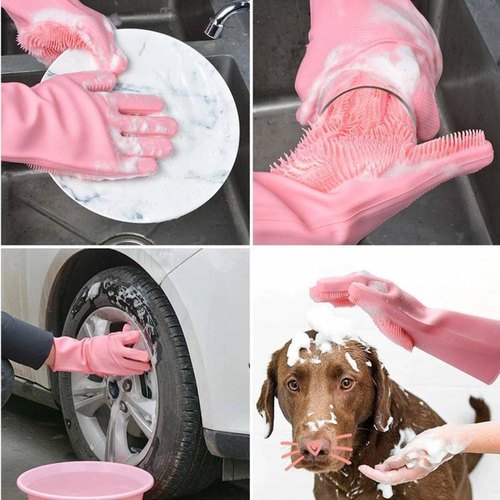Reusable Long Silicone Cleaning Gloves with Scrubbers