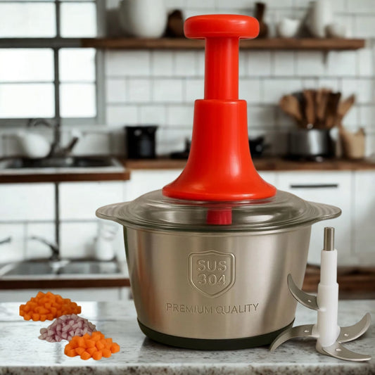 FALARI 2L Manual Hand Push Chopper with Stainless Steel Bowl