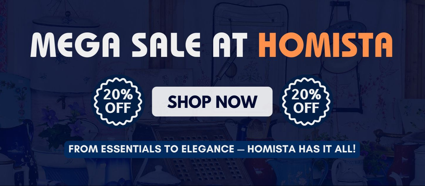 Promotional banner for Homista Mega Sale with discounts and a 'Shop Now' button.