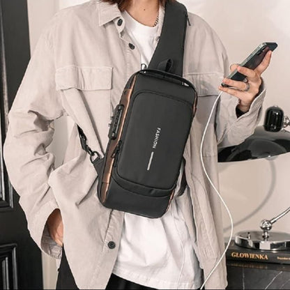 Person wearing a black crossbody bag with 'FASHION' branding, holding a phone.