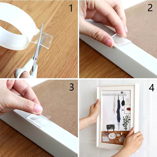 Step-by-step process of applying clear tape to a frame and hanging it on a wall.